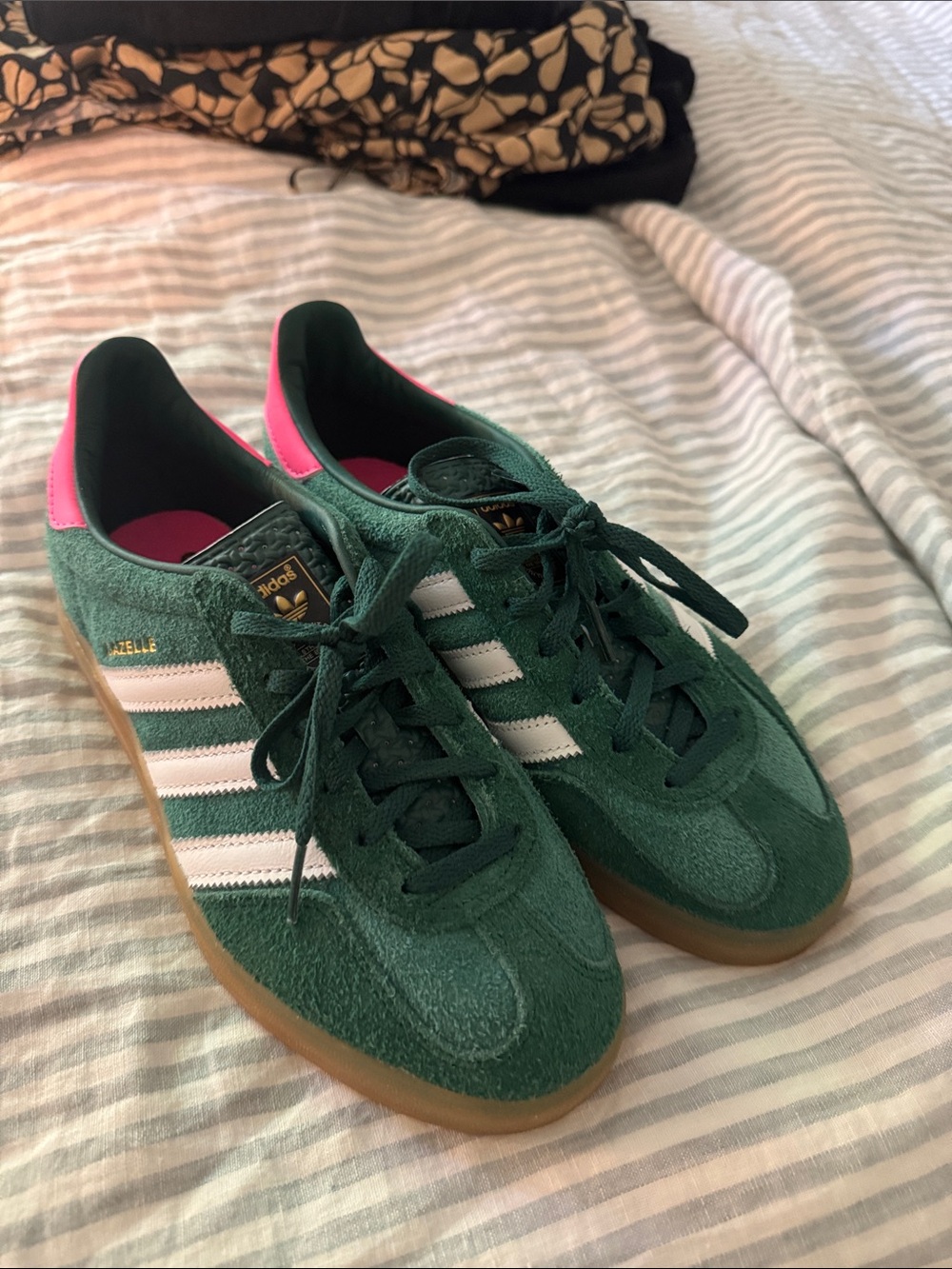 adidas Green Suede Sneakers with White Stripes and Pink Heel